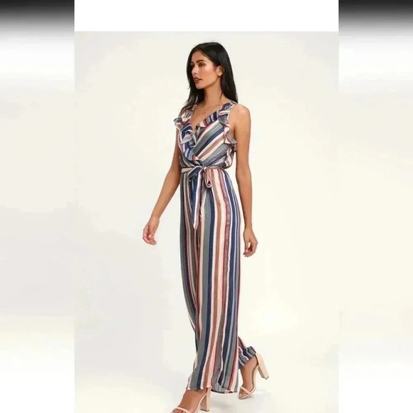 Lulu's Divine Time Blue and Grey Multi Striped Wide-Leg Jumpsuit - Picture 3 of 7